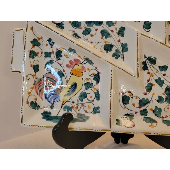 Mid Century Italy Ceramic Divided Serving Platter With Rooster & Floral Design - Picture 6 of 15